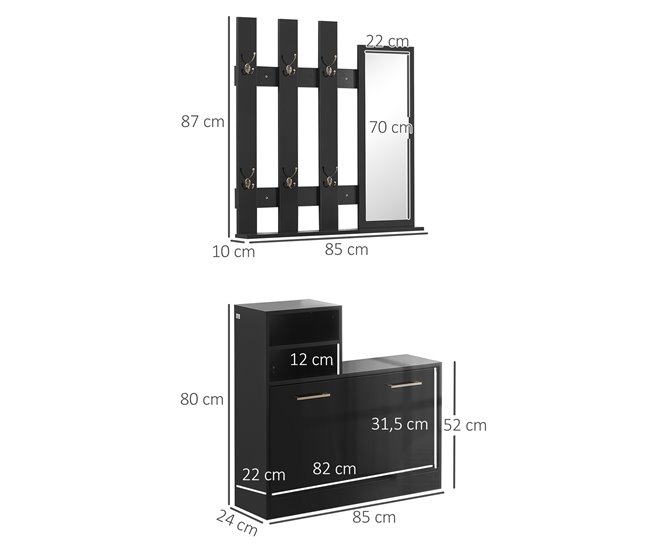 Conforama HOMCOM Conjunto De Recibidor De Entrada Con Espejo Perchero Y Zapatero Muebles De Entrada Con 6 Ganchos Y Estantes Para 8 Pares De Zapatos Para Pasillo Negro Brillante