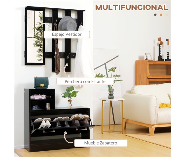 Conforama HOMCOM Conjunto De Recibidor De Entrada Con Espejo Perchero Y Zapatero Muebles De Entrada Con 6 Ganchos Y Estantes Para 8 Pares De Zapatos Para Pasillo Negro Brillante