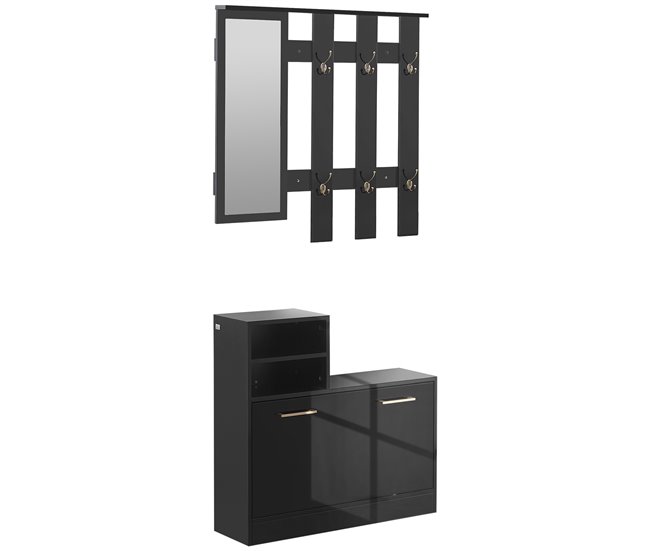 Conforama HOMCOM Conjunto de Recibidor de Entrada con Espejo Perchero y Zapatero Muebles de Entrada con 6 Ganchos y Estantes para 8 Pares de Zapatos para Pasillo Negro Brillante