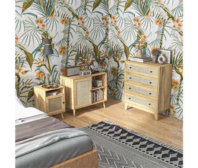 Conforama HOMCOM Conjunto Para El Hogar Incluye 1 Cómoda Con 4 Cajones 1 Aparador Y 2 Mesitas De Noche Con Puerta De Ratán Sintético Estilo Cannage Natural