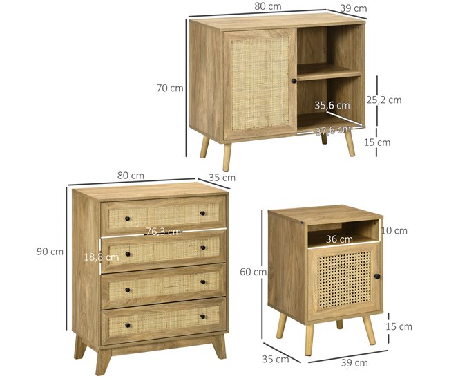 Conforama HOMCOM Conjunto Para El Hogar Incluye 1 Cómoda Con 4 Cajones 1 Aparador Y 2 Mesitas De Noche Con Puerta De Ratán Sintético Estilo Cannage Natural