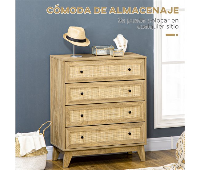 Conforama HOMCOM Conjunto Para El Hogar Incluye 1 Cómoda Con 4 Cajones 1 Aparador Y 2 Mesitas De Noche Con Puerta De Ratán Sintético Estilo Cannage Natural