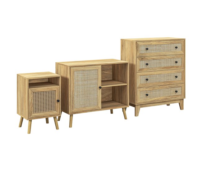 Conforama HOMCOM Conjunto para el Hogar Incluye 1 Cómoda con 4 Cajones 1 Aparador y 2 Mesitas de Noche con Puerta de Ratán Sintético Estilo Cannage Natural