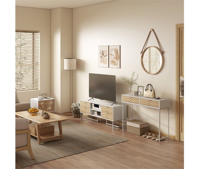 Conforama HOMCOM Conjunto Para El Hogar Incluye 1 Mueble De TV Para Televisores De Hasta 47 Pulgadas 1 Mesa De Consola Y 1 Mesita Auxiliar Con 2 Cajones Blanco Y Roble