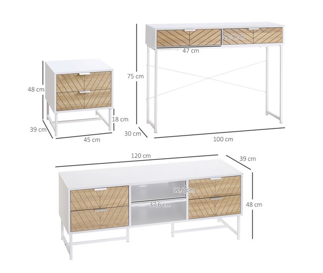 Conforama HOMCOM Conjunto Para El Hogar Incluye 1 Mueble De TV Para Televisores De Hasta 47 Pulgadas 1 Mesa De Consola Y 1 Mesita Auxiliar Con 2 Cajones Blanco Y Roble