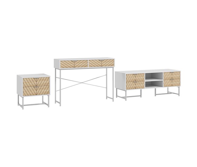 Conforama HOMCOM Conjunto para el Hogar Incluye 1 Mueble de TV para Televisores de hasta 47 Pulgadas 1 Mesa de Consola y 1 Mesita Auxiliar con 2 Cajones Blanco y Roble