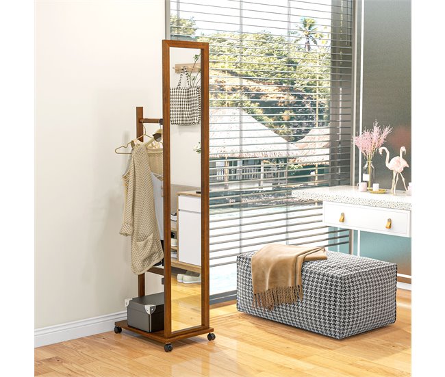Conforama HOMCOM Espejo De Cuerpo Entero Con Ruedas Espejo Largo Con Barra Para Ropa Y Estante Inferior Para Dormitorio Salón Pasillo 35 5x49 5x167 8 Cm Nogal