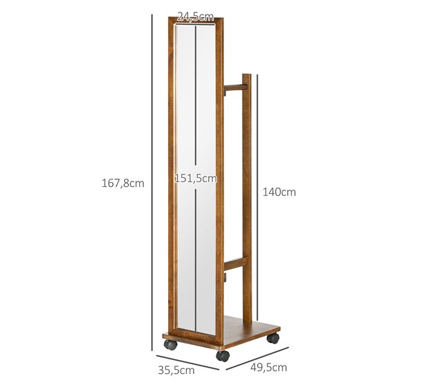 Conforama HOMCOM Espejo De Cuerpo Entero Con Ruedas Espejo Largo Con Barra Para Ropa Y Estante Inferior Para Dormitorio Salón Pasillo 35 5x49 5x167 8 Cm Nogal