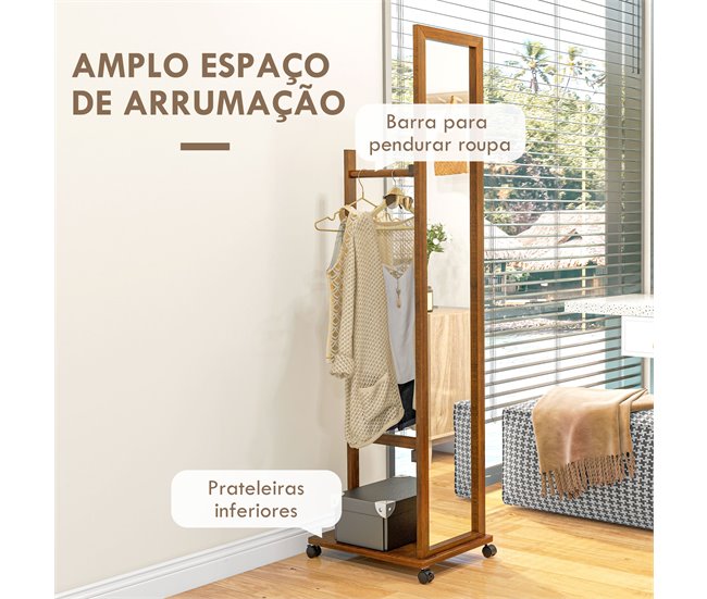 Conforama HOMCOM Espejo De Cuerpo Entero Con Ruedas Espejo Largo Con Barra Para Ropa Y Estante Inferior Para Dormitorio Salón Pasillo 35 5x49 5x167 8 Cm Nogal