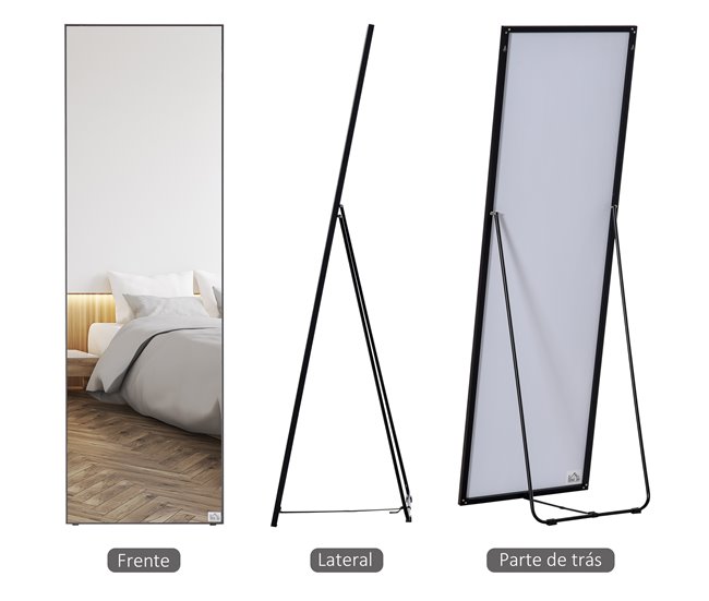Conforama HOMCOM Espejo De Pie Cuerpo Entero De Aleación De Aluminio Espejo De Pared Con 2 Formas De Uso Forma De Rectangular Para Pasillo Dormitorio Salón 50x161 5x2 Cm Negro