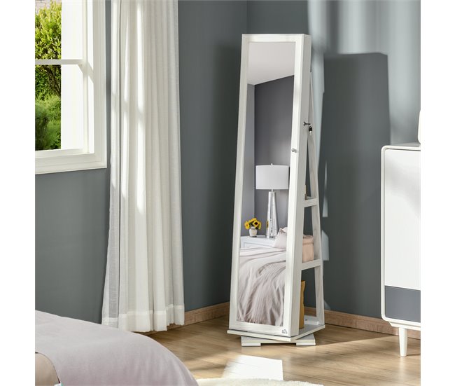 Conforama HOMCOM Espejo Joyero De Pie Armario De Joyería Giratorio 360° Organizador De Joyas Con Cerradura Y Espejo Pequeño Incorporado Carga 20 Kg 38x38x160 Cm Blanco Con Grano De Madera