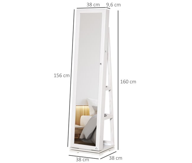 Conforama HOMCOM Espejo Joyero De Pie Armario De Joyería Giratorio 360° Organizador De Joyas Con Cerradura Y Espejo Pequeño Incorporado Carga 20 Kg 38x38x160 Cm Blanco Con Grano De Madera