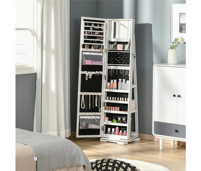 Conforama HOMCOM Espejo Joyero De Pie Armario De Joyería Giratorio 360° Organizador De Joyas Con Cerradura Y Espejo Pequeño Incorporado Carga 20 Kg 38x38x160 Cm Blanco Con Grano De Madera