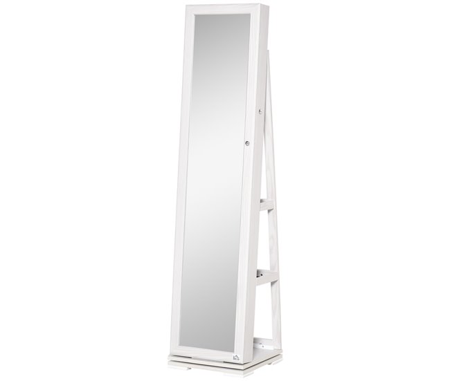 Conforama HOMCOM Espejo Joyero de Pie Armario de Joyería Giratorio 360° Organizador de Joyas con Cerradura y Espejo Pequeño Incorporado Carga 20 kg 38x38x160 cm Blanco con Grano de Madera