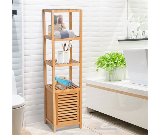 Conforama HOMCOM Estantería De Bambú Para Baño Armario Alto Librería Organizador 4 Niveles 1 Puerta 36x33x140cm