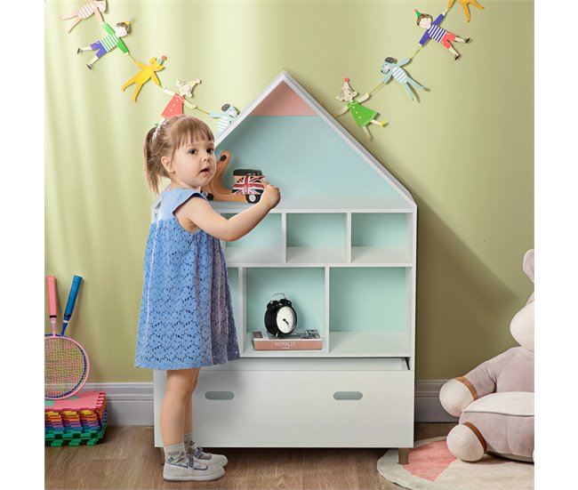 Conforama HOMCOM Estantería De Madera Infantil Forma De Casa Librería Para Niños Con 8 Compartimentos Abiertos Y Cajón De 2 Colores 82x30x126 Cm Blanco