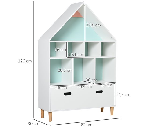 Conforama HOMCOM Estantería De Madera Infantil Forma De Casa Librería Para Niños Con 8 Compartimentos Abiertos Y Cajón De 2 Colores 82x30x126 Cm Blanco