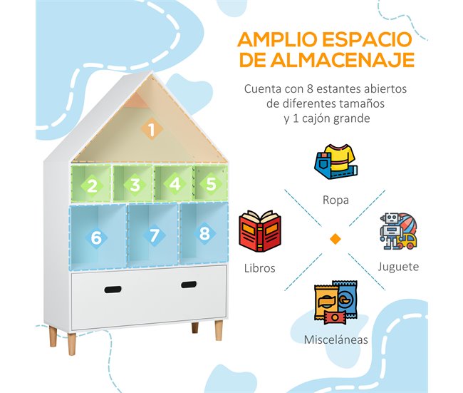 Conforama HOMCOM Estantería De Madera Infantil Forma De Casa Librería Para Niños Con 8 Compartimentos Abiertos Y Cajón De 2 Colores 82x30x126 Cm Blanco