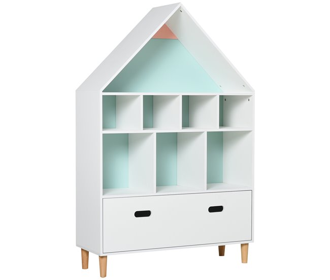 Conforama HOMCOM Estantería de Madera Infantil Forma de Casa Librería para Niños con 8 Compartimentos Abiertos y Cajón de 2 Colores 82x30x126 cm Blanco