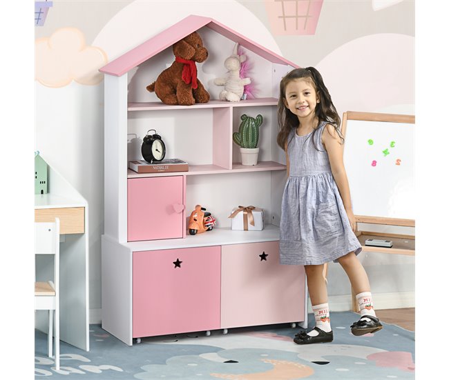 Conforama HOMCOM Estantería De Madera Infantil Librería Para Niños Con 4 Compartimentos 1 Puerta Y 2 Cajones Extraíbles Con Ruedas Para Libros Juguetes 80x34x130 Cm Rosa Y Blanco