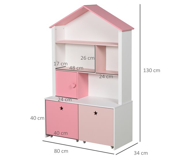 Conforama HOMCOM Estantería De Madera Infantil Librería Para Niños Con 4 Compartimentos 1 Puerta Y 2 Cajones Extraíbles Con Ruedas Para Libros Juguetes 80x34x130 Cm Rosa Y Blanco