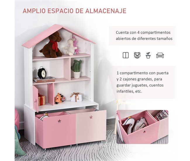 Conforama HOMCOM Estantería De Madera Infantil Librería Para Niños Con 4 Compartimentos 1 Puerta Y 2 Cajones Extraíbles Con Ruedas Para Libros Juguetes 80x34x130 Cm Rosa Y Blanco