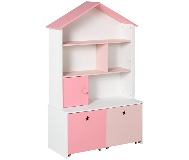 Conforama HOMCOM Estantería de Madera Infantil Librería para Niños con 4 Compartimentos 1 Puerta y 2 Cajones Extraíbles con Ruedas para Libros Juguetes 80x34x130 cm Rosa y Blanco