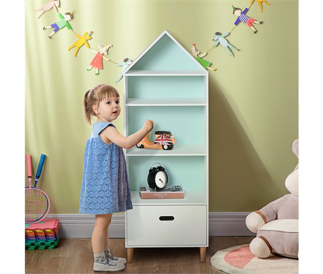 Conforama HOMCOM Estantería Infantil Librería De Madera Para Niños Para Libros Juguetes DVDs Con 4 Estantes 1 Cajón Tablero De 2 Colores Diseño Compacto 50x30x142 Cm Blanco