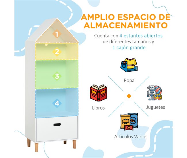 Conforama HOMCOM Estantería Infantil Librería De Madera Para Niños Para Libros Juguetes DVDs Con 4 Estantes 1 Cajón Tablero De 2 Colores Diseño Compacto 50x30x142 Cm Blanco