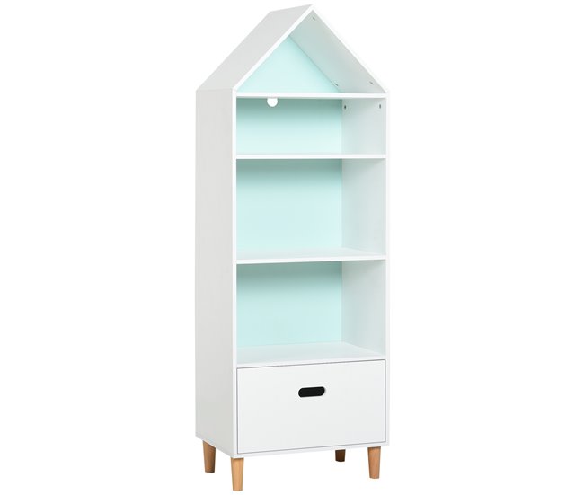 Conforama HOMCOM Estantería Infantil Librería de Madera para Niños para Libros Juguetes DVDs con 4 Estantes 1 Cajón Tablero de 2 Colores Diseño Compacto 50x30x142 cm Blanco