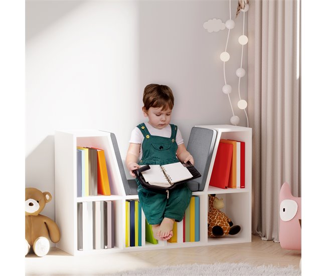 Conforama HOMCOM Estantería Librería Con Asiento 6 Cubo Librería Original Infantil Zapatero Con Cojín Estante Con Banco Multiusos 102x30x61cm
