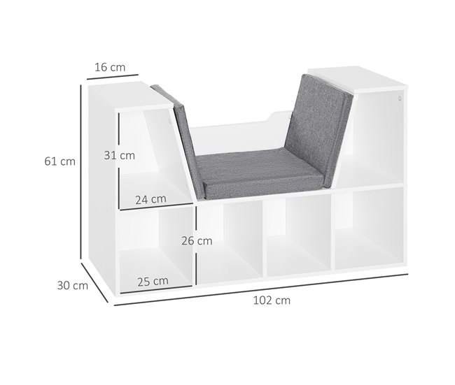 Conforama HOMCOM Estantería Librería Con Asiento 6 Cubo Librería Original Infantil Zapatero Con Cojín Estante Con Banco Multiusos 102x30x61cm