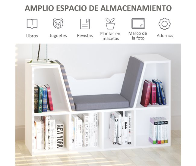 Conforama HOMCOM Estantería Librería Con Asiento 6 Cubo Librería Original Infantil Zapatero Con Cojín Estante Con Banco Multiusos 102x30x61cm