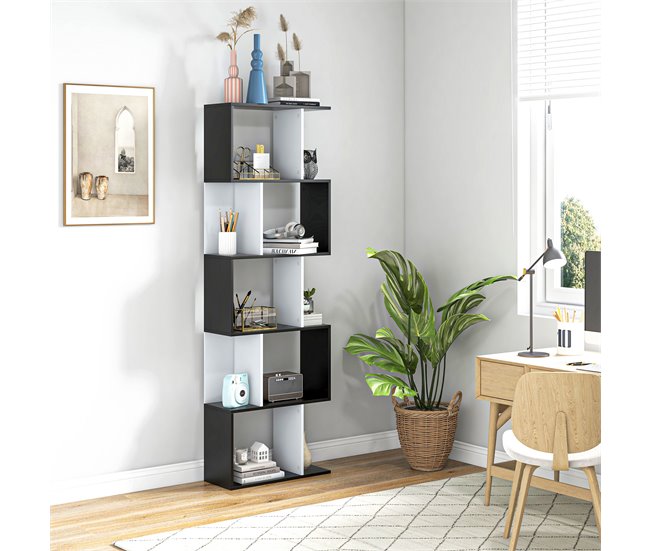 Conforama HOMCOM Estantería Librería De 5 Niveles Estantería De Madera Estantería Para Libros En Forma De S Diseño Moderno Para Salón Oficina 60x24x184 5 Cm Blanco Y Negro
