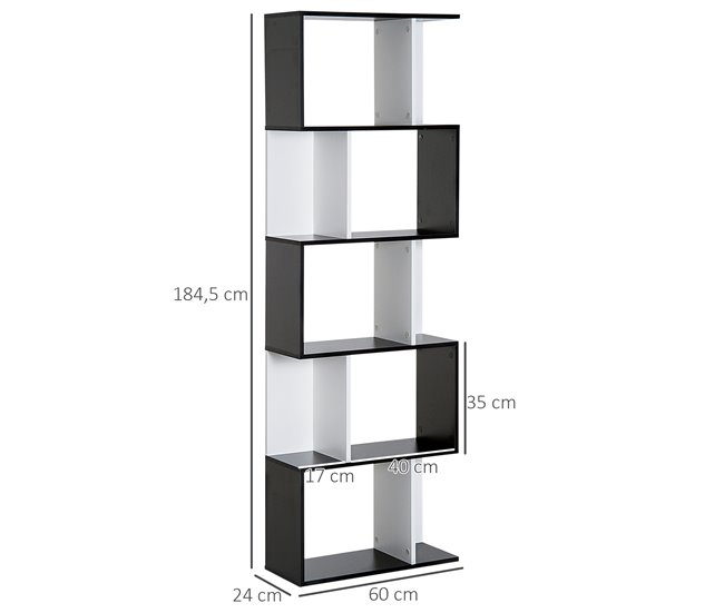 Conforama HOMCOM Estantería Librería De 5 Niveles Estantería De Madera Estantería Para Libros En Forma De S Diseño Moderno Para Salón Oficina 60x24x184 5 Cm Blanco Y Negro