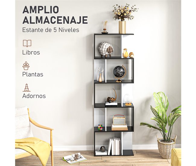 Conforama HOMCOM Estantería Librería De 5 Niveles Estantería De Madera Estantería Para Libros En Forma De S Diseño Moderno Para Salón Oficina 60x24x184 5 Cm Blanco Y Negro