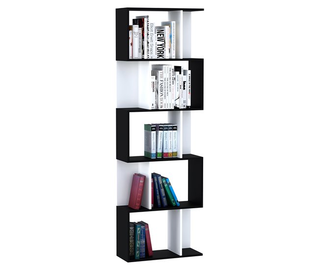 Conforama HOMCOM Estantería Librería de 5 Niveles Estantería de Madera Estantería para Libros en Forma de S Diseño Moderno para Salón Oficina 60x24x184 5 cm Blanco y Negro