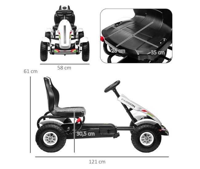 Conforama HOMCOM Go Kart A Pedales Para Niños Coche De Pedales Infantil Con Asiento Ajustable Neumáticos De Goma Freno De Mano Para Niños Y Niñas De 5-12 Años Carga 50 Kg 121x58x61 Cm Blanco