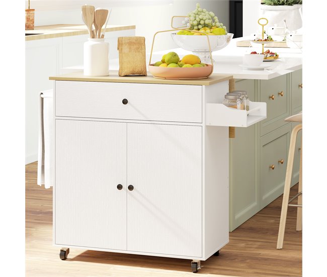 Conforama HOMCOM Isla De Cocina Con Ala Abatible Carrito De Cocina Mueble Auxiliar De Cocina Con Ruedas 2 Puertas Cajón Especiero Toallero Y Estante Ajustable 106x42x87 Cm Blanco Y Roble