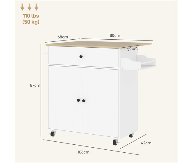 Conforama HOMCOM Isla De Cocina Con Ala Abatible Carrito De Cocina Mueble Auxiliar De Cocina Con Ruedas 2 Puertas Cajón Especiero Toallero Y Estante Ajustable 106x42x87 Cm Blanco Y Roble