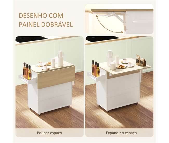 Conforama HOMCOM Isla De Cocina Con Ala Abatible Carrito De Cocina Mueble Auxiliar De Cocina Con Ruedas 2 Puertas Cajón Especiero Toallero Y Estante Ajustable 106x42x87 Cm Blanco Y Roble
