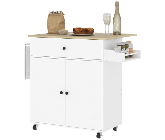 Conforama HOMCOM Isla de Cocina con Ala Abatible Carrito de Cocina Mueble Auxiliar de Cocina con Ruedas 2 Puertas Cajón Especiero Toallero y Estante Ajustable 106x42x87 cm Blanco y Roble