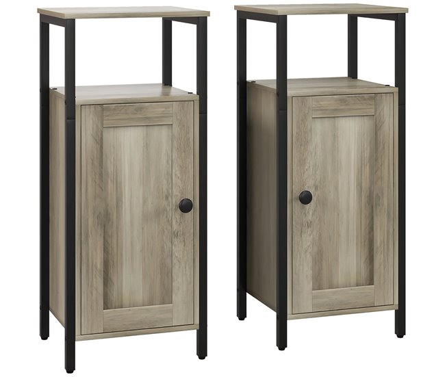 Conforama HOMCOM Juego de 2 Mesas Auxiliares para Salón Mesitas Auxiliares Industrial con Puerta Magnética y Estante Ajustable Mesita Auxiliar para Salón Dormitorio 34x30x80 cm Marrón Grisáceo