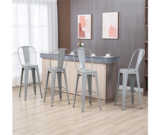 Conforama HOMCOM Juego De 4 Taburetes De Bar Con Respaldo Alto Silla De Comedor De Metal Con Reposapiés Para Comedor Carga 120 Kg 44x49x116 Cm Gris Plata