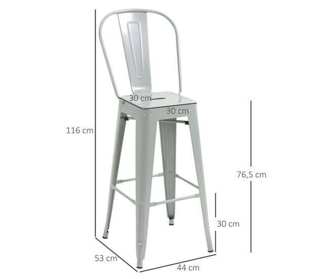 Conforama HOMCOM Juego De 4 Taburetes De Bar Con Respaldo Alto Silla De Comedor De Metal Con Reposapiés Para Comedor Carga 120 Kg 44x49x116 Cm Gris Plata