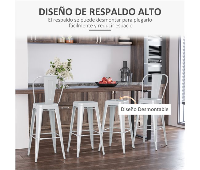 Conforama HOMCOM Juego De 4 Taburetes De Bar Con Respaldo Alto Silla De Comedor De Metal Con Reposapiés Para Comedor Carga 120 Kg 44x49x116 Cm Gris Plata