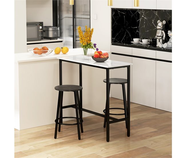 Conforama HOMCOM Juego De Mesa De Comedor Mesa Alta De Bar Con 2 Taburetes Redondo 3 Piezas Marco De Acero Estilo Moderno Para Cocina Salón Blanco Y Negro