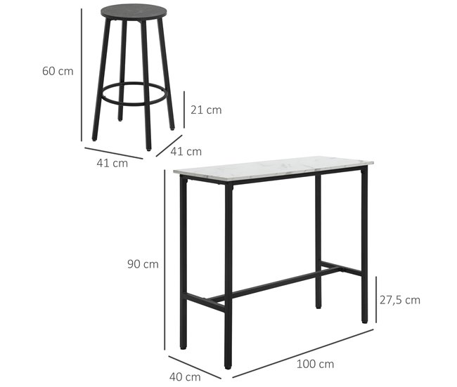 Conforama HOMCOM Juego De Mesa De Comedor Mesa Alta De Bar Con 2 Taburetes Redondo 3 Piezas Marco De Acero Estilo Moderno Para Cocina Salón Blanco Y Negro