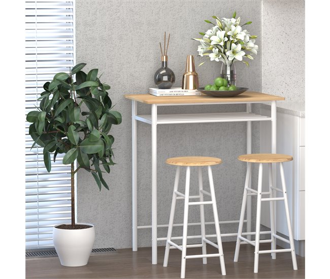 Conforama HOMCOM Juego De Mueble De Bar Set De Mesa Alta Y 2 Taburetes Con Estante De Almacenamiento Y Marco De Metal Para Cocina Comedor 80x50x90 Cm Blanco Y Natural