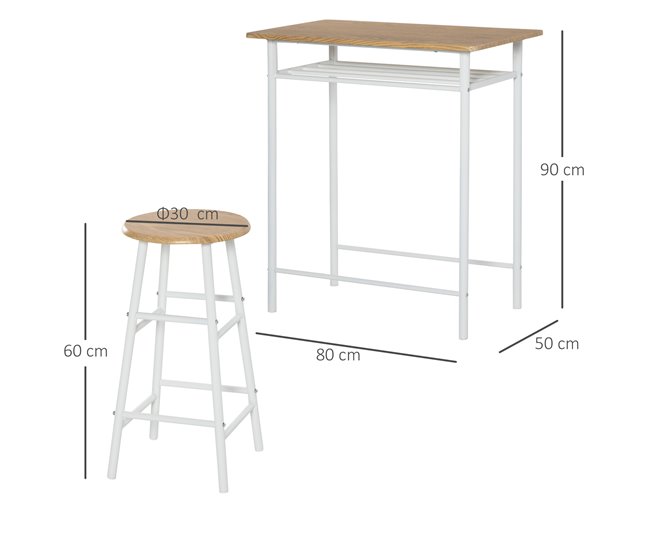 Conforama HOMCOM Juego De Mueble De Bar Set De Mesa Alta Y 2 Taburetes Con Estante De Almacenamiento Y Marco De Metal Para Cocina Comedor 80x50x90 Cm Blanco Y Natural